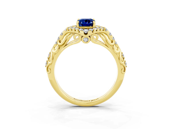 Yellow gold Emerald Cut Blue Sapphire Solitaire Ring with Hidden Halo and Pavé Band