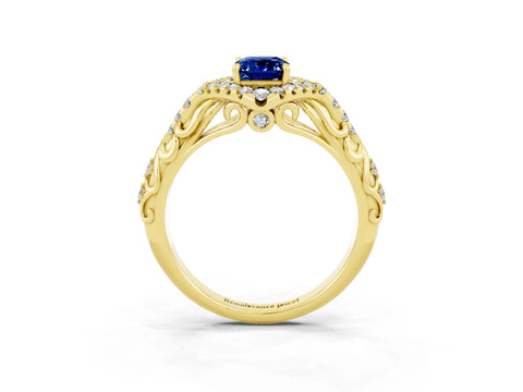 Yellow gold Emerald Cut Blue Sapphire Solitaire Ring with Hidden Halo and Pavé Band_15