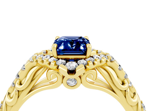 Yellow gold Emerald Cut Blue Sapphire Solitaire Ring with Hidden Halo and Pavé Band_16