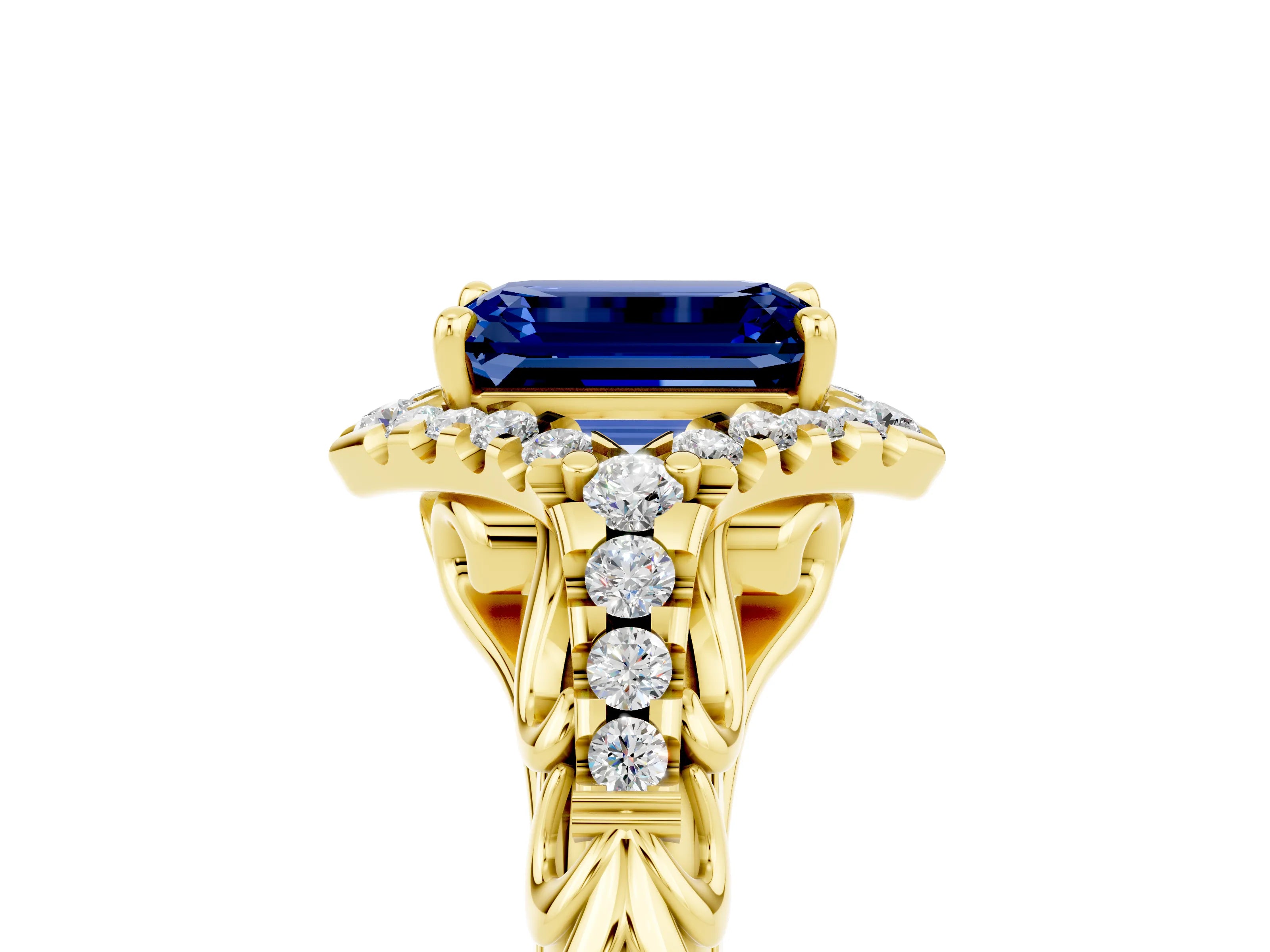Yellow gold Emerald Cut Blue Sapphire Solitaire Ring with Hidden Halo and Pavé Band_17