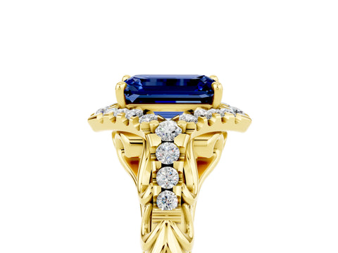 Yellow gold Emerald Cut Blue Sapphire Solitaire Ring with Hidden Halo and Pavé Band_17