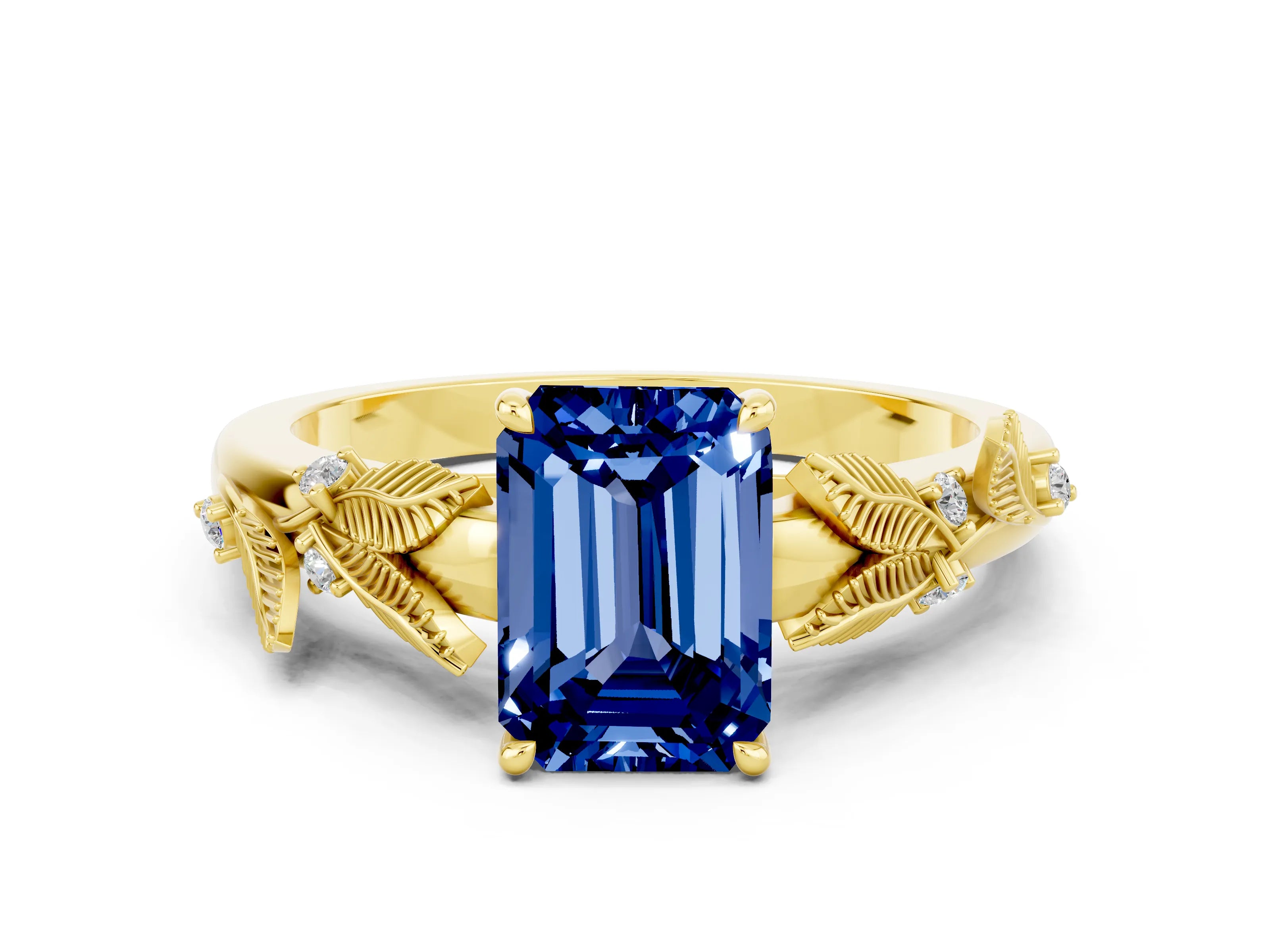 Yellow gold Emerald Cut Blue Sapphire Solitaire Ring with Leaf Motif Band and Four-Prong Setting