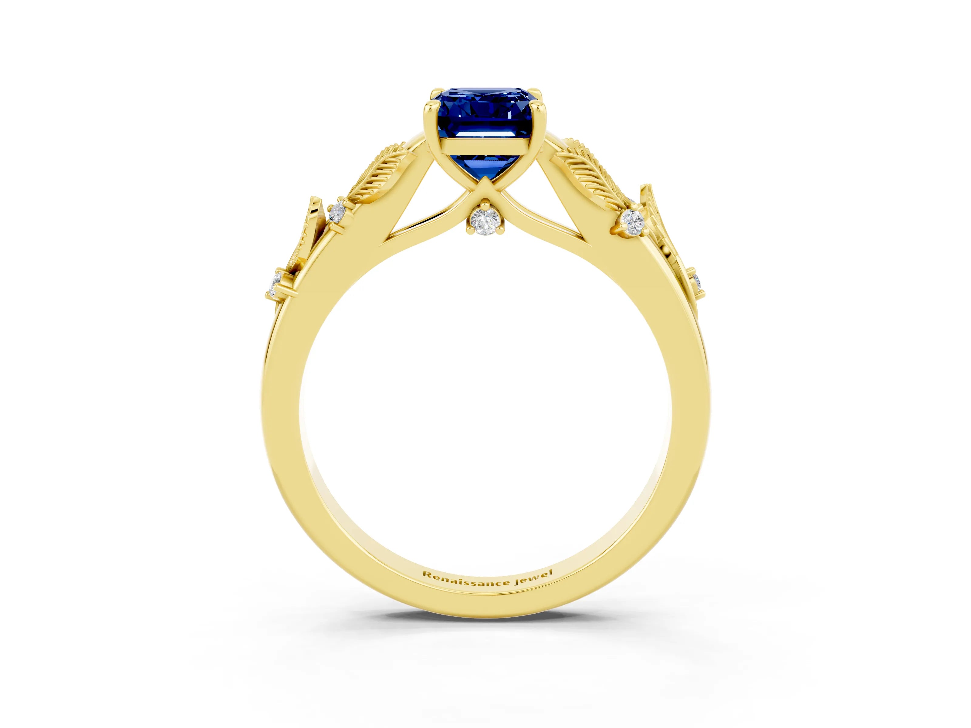 Yellow gold Emerald Cut Blue Sapphire Solitaire Ring with Leaf Motif Band and Four-Prong Setting_3