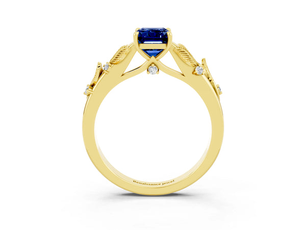 Yellow gold Emerald Cut Blue Sapphire Solitaire Ring with Leaf Motif Band and Four-Prong Setting