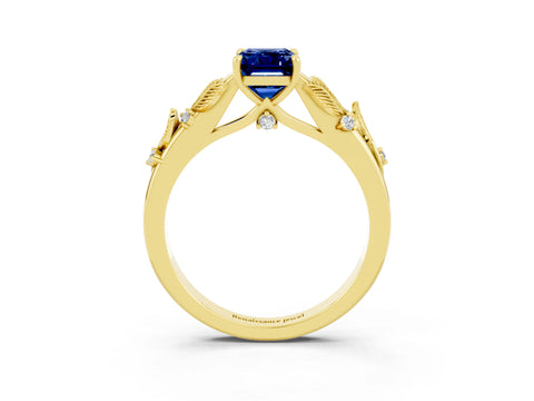 Yellow gold Emerald Cut Blue Sapphire Solitaire Ring with Leaf Motif Band and Four-Prong Setting_3