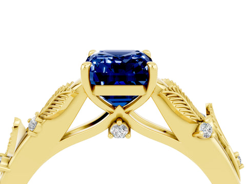 Yellow gold Emerald Cut Blue Sapphire Solitaire Ring with Leaf Motif Band and Four-Prong Setting_4