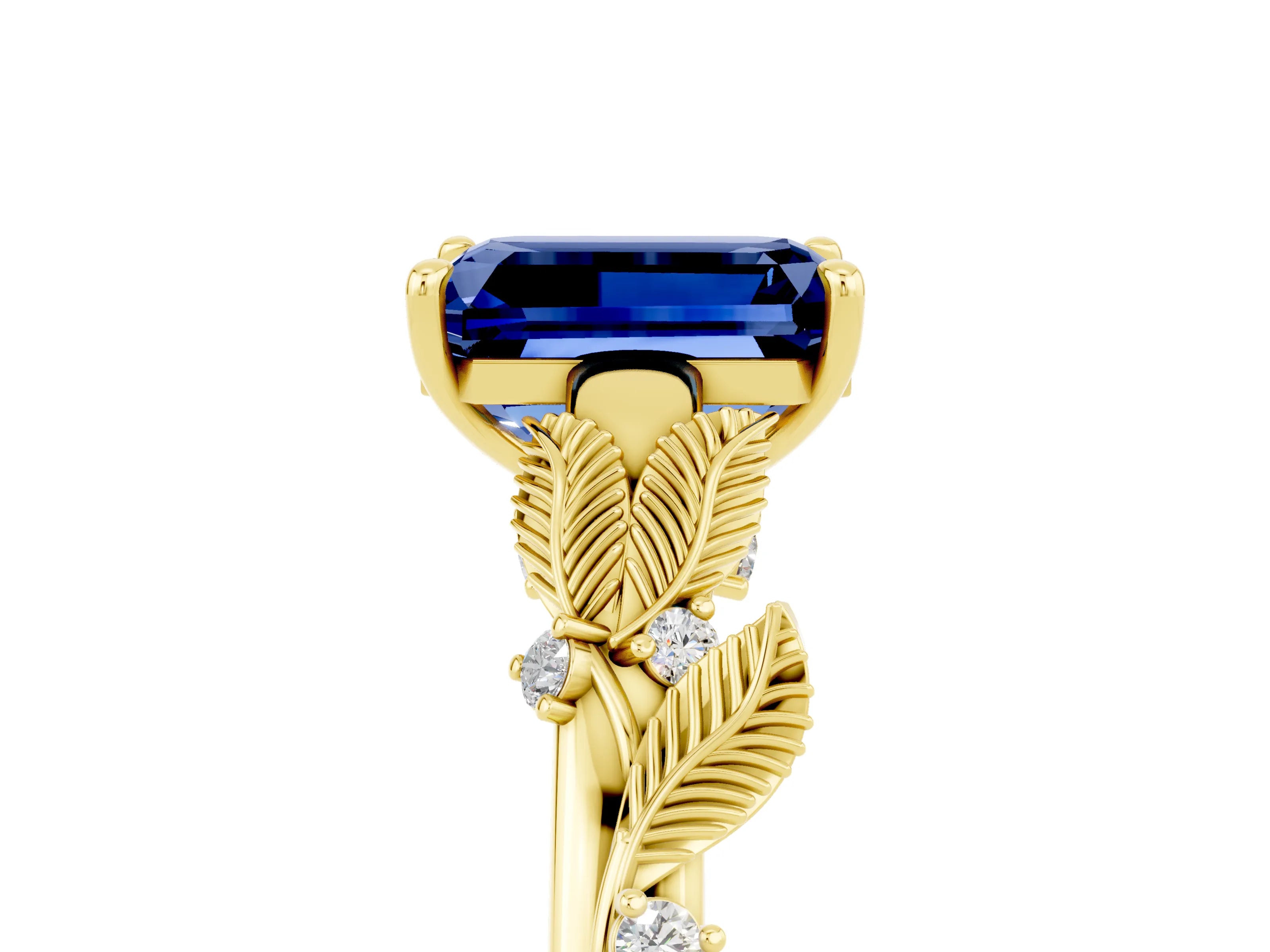 Yellow gold Emerald Cut Blue Sapphire Solitaire Ring with Leaf Motif Band and Four-Prong Setting_5