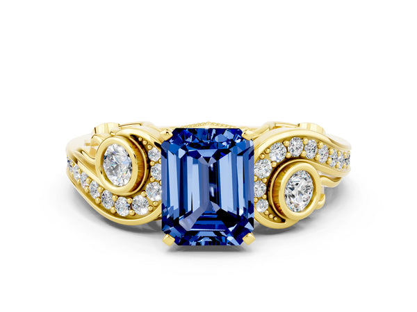 Yellow gold Emerald Cut Blue Sapphire Solitaire Ring with Milgrain Pavé Band and Four-Prong Setting