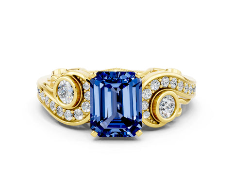 Yellow gold Emerald Cut Blue Sapphire Solitaire Ring with Milgrain Pavé Band and Four-Prong Setting_24