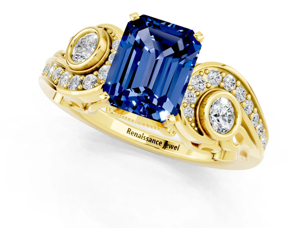 Yellow gold Emerald Cut Blue Sapphire Solitaire Ring with Milgrain Pavé Band and Four-Prong Setting