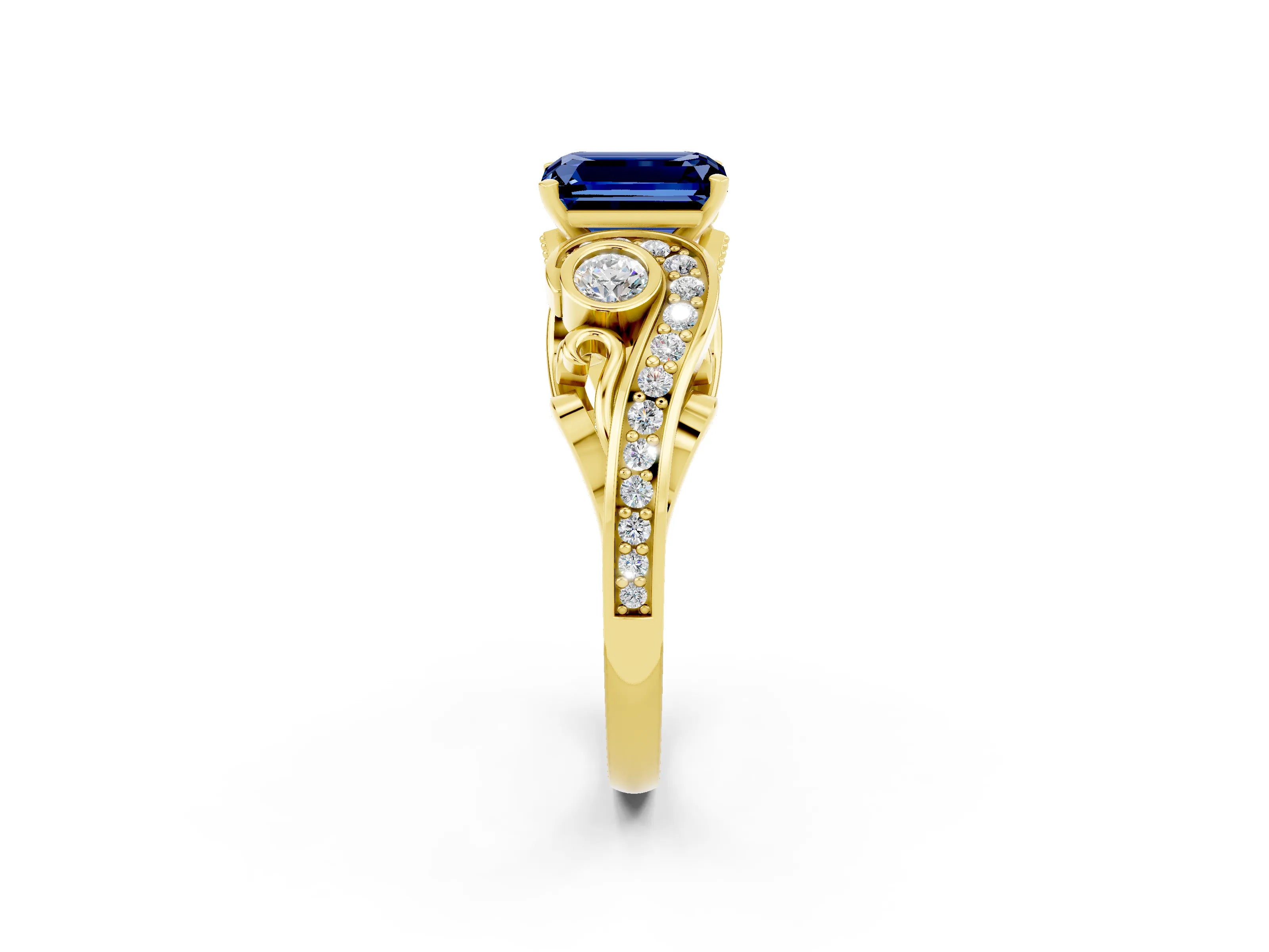 Yellow gold Emerald Cut Blue Sapphire Solitaire Ring with Milgrain Pavé Band and Four-Prong Setting_26