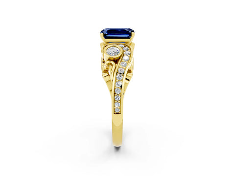 Yellow gold Emerald Cut Blue Sapphire Solitaire Ring with Milgrain Pavé Band and Four-Prong Setting_26