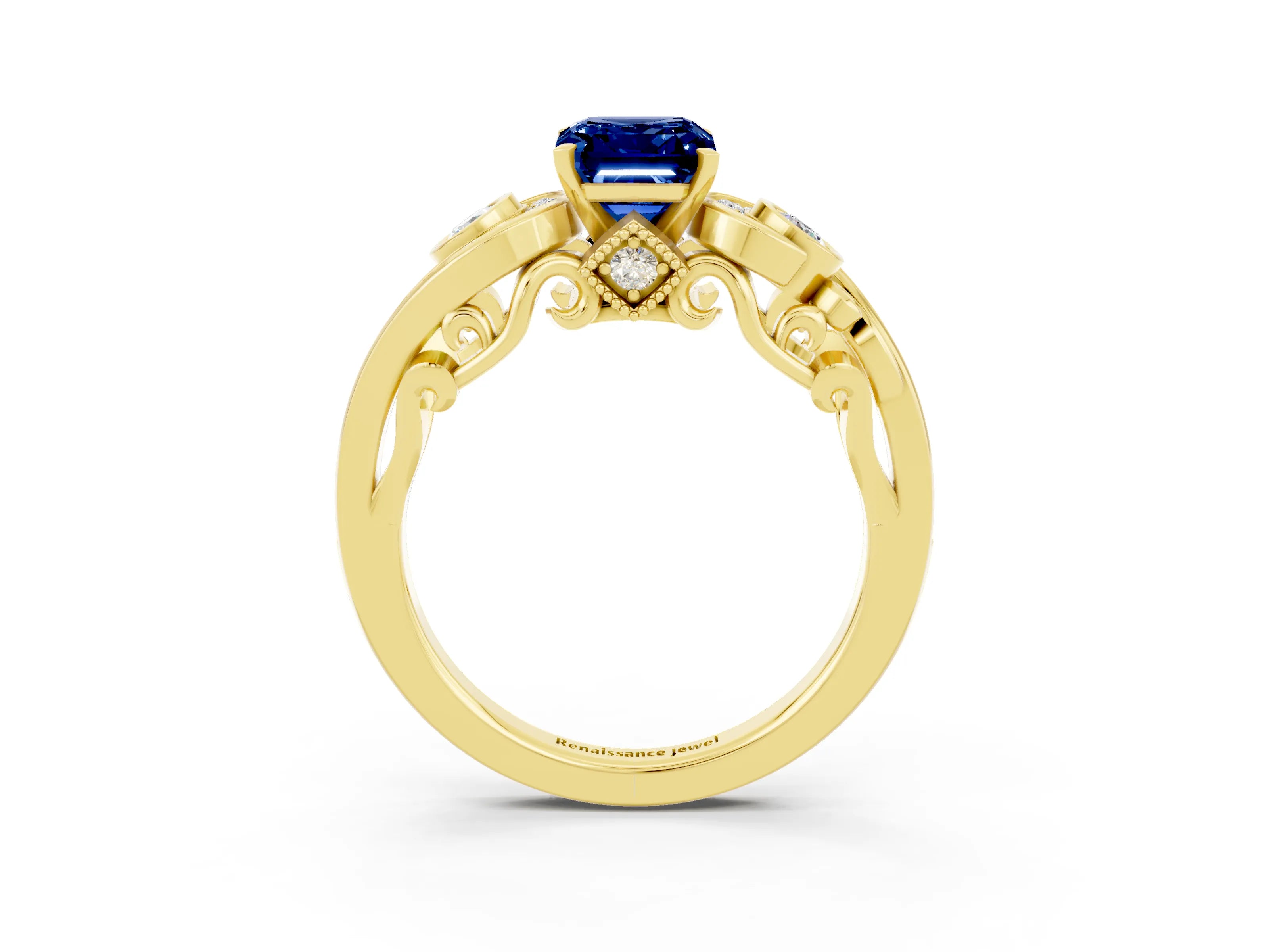 Yellow gold Emerald Cut Blue Sapphire Solitaire Ring with Milgrain Pavé Band and Four-Prong Setting_27