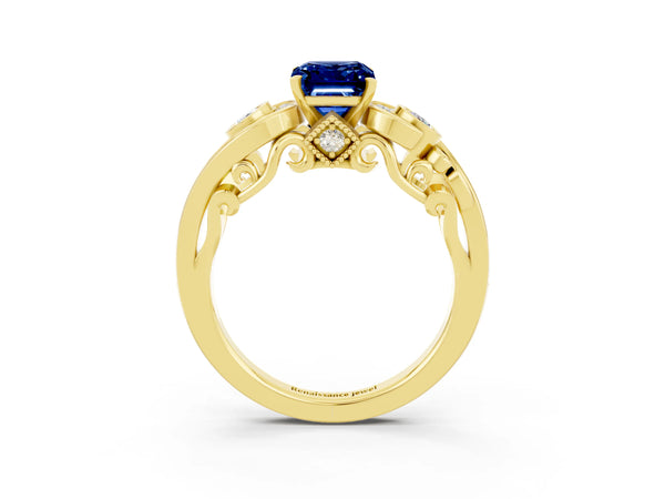 Yellow gold Emerald Cut Blue Sapphire Solitaire Ring with Milgrain Pavé Band and Four-Prong Setting