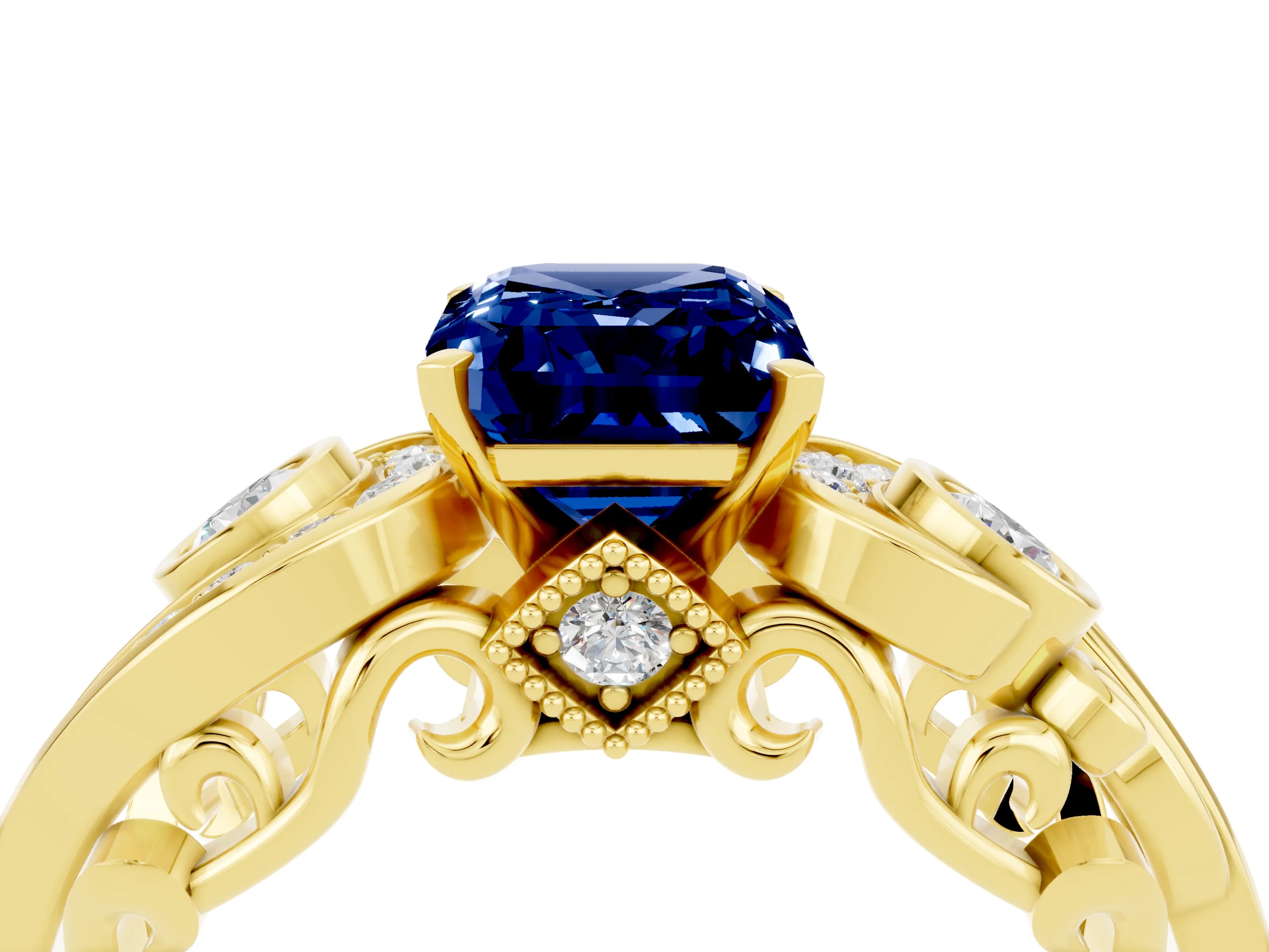 Yellow gold Emerald Cut Blue Sapphire Solitaire Ring with Milgrain Pavé Band and Four-Prong Setting_28