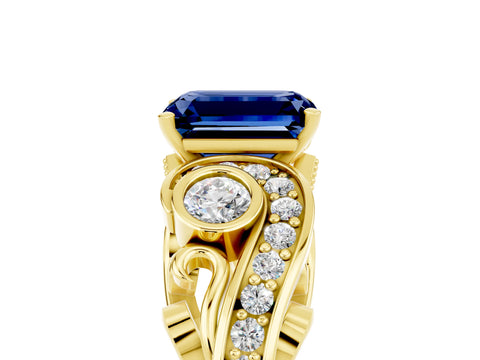 Yellow gold Emerald Cut Blue Sapphire Solitaire Ring with Milgrain Pavé Band and Four-Prong Setting_29