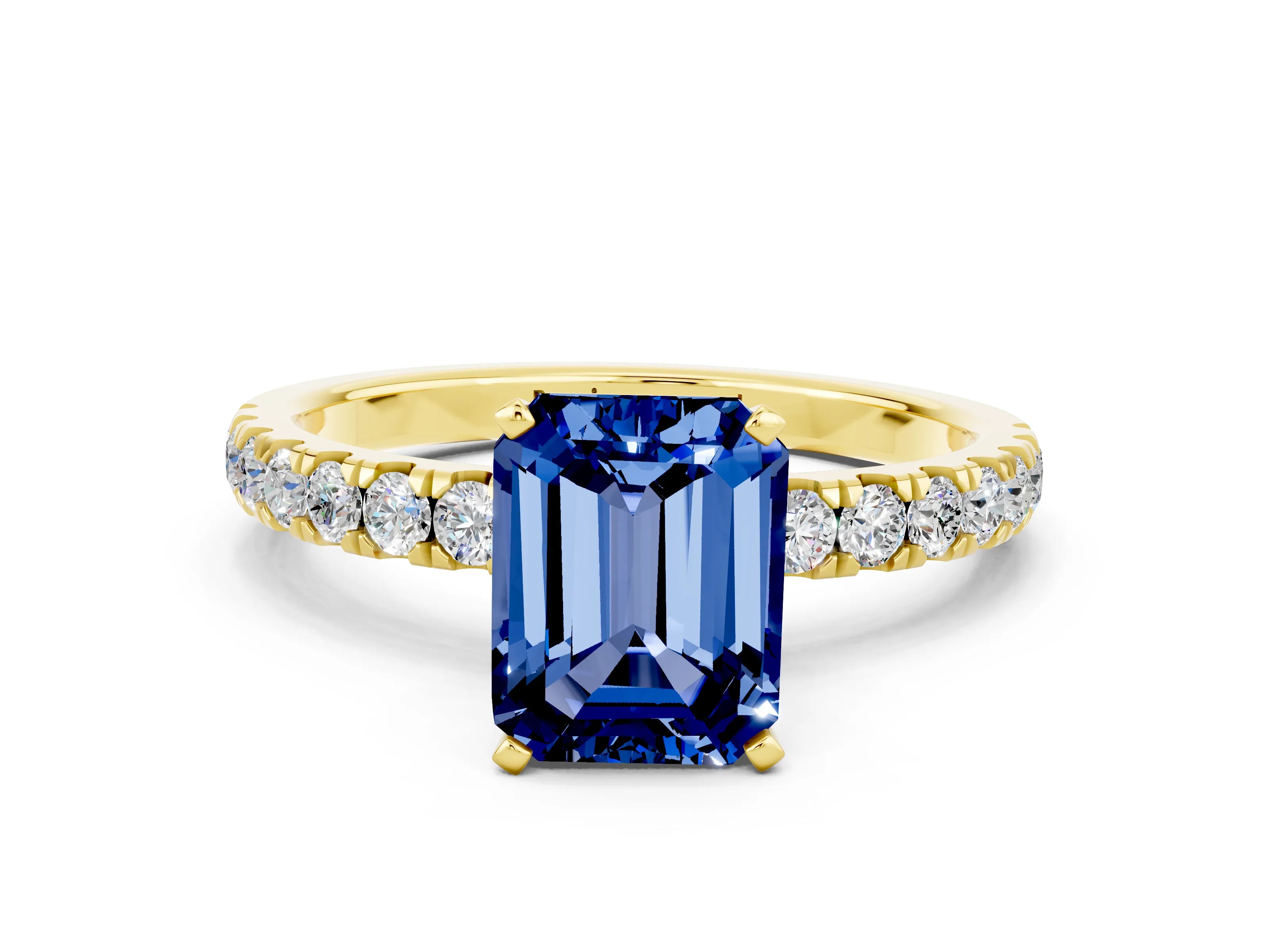 Yellow gold Emerald Cut Blue Sapphire Solitaire Ring with Pavé Accents and Four-Prong Setting