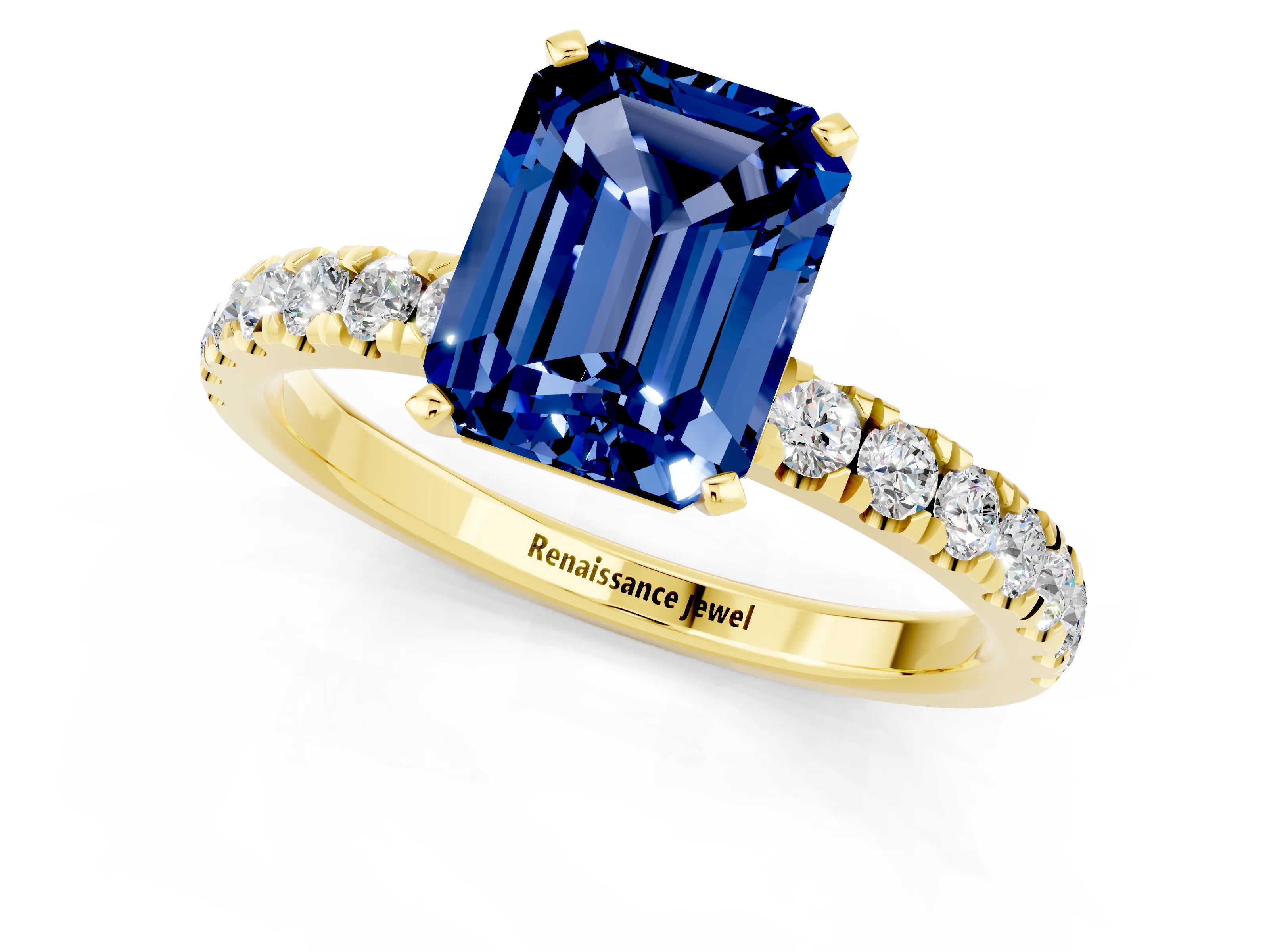 Yellow gold Emerald Cut Blue Sapphire Solitaire Ring with Pavé Accents and Four-Prong Setting_1