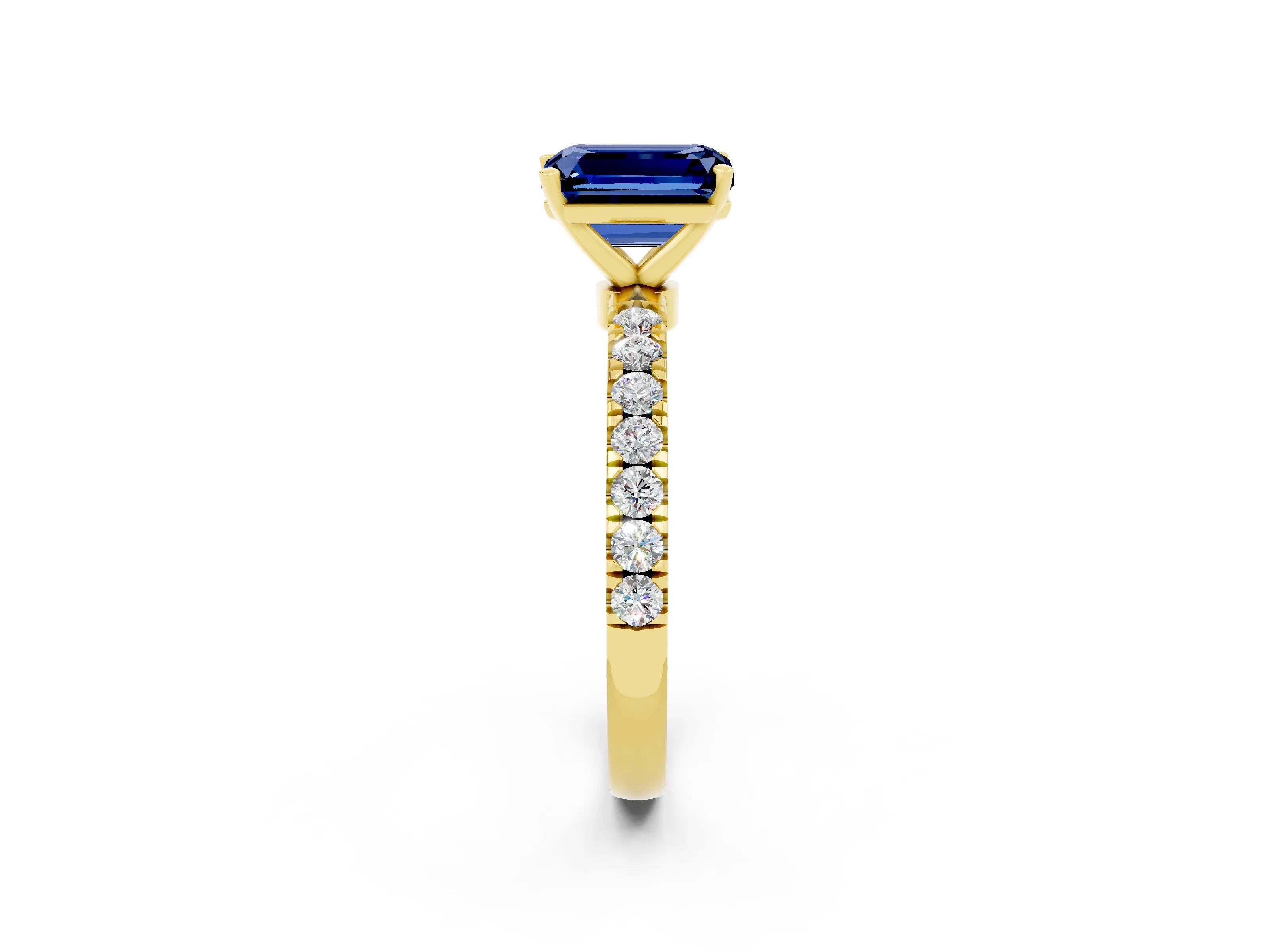 Yellow gold Emerald Cut Blue Sapphire Solitaire Ring with Pavé Accents and Four-Prong Setting_2