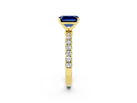 Yellow gold Emerald Cut Blue Sapphire Solitaire Ring with Pavé Accents and Four-Prong Setting_2