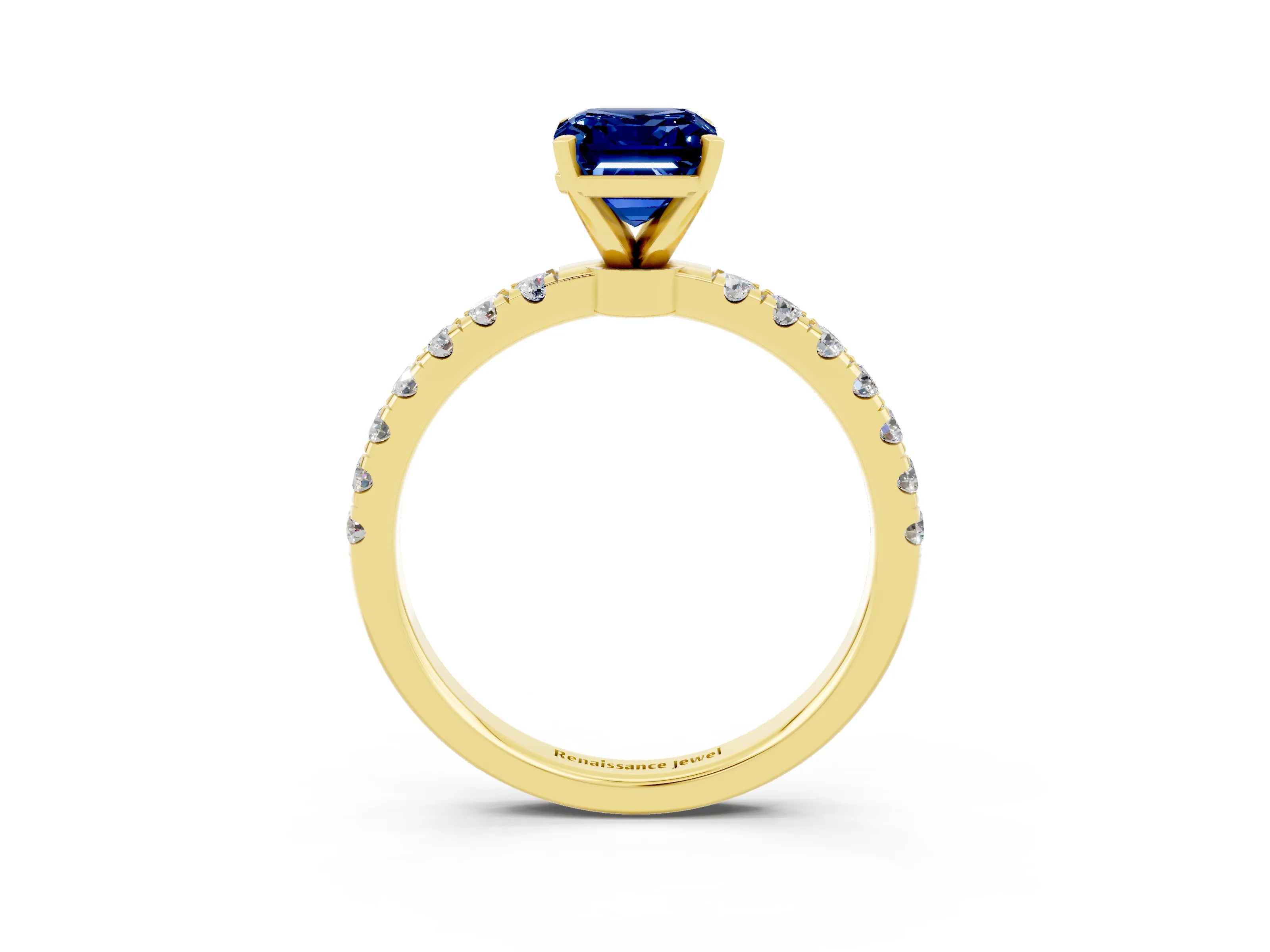 Yellow gold Emerald Cut Blue Sapphire Solitaire Ring with Pavé Accents and Four-Prong Setting_3