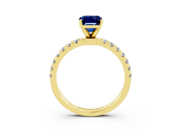 Yellow gold Emerald Cut Blue Sapphire Solitaire Ring with Pavé Accents and Four-Prong Setting