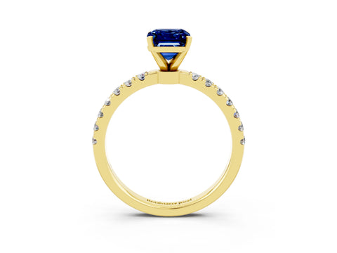 Yellow gold Emerald Cut Blue Sapphire Solitaire Ring with Pavé Accents and Four-Prong Setting_3