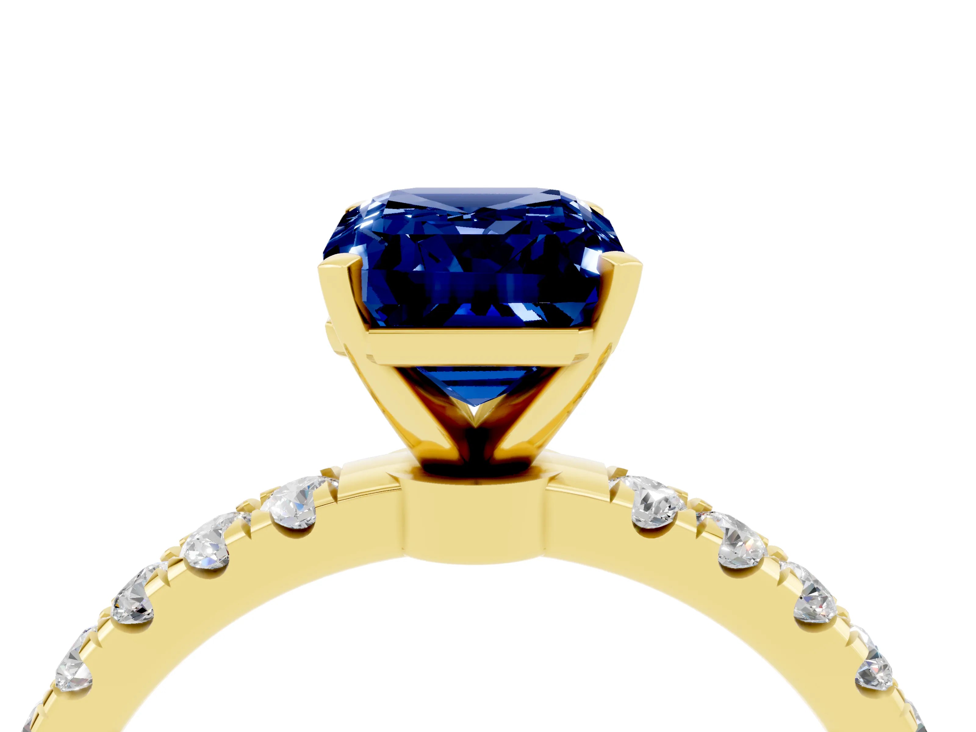 Yellow gold Emerald Cut Blue Sapphire Solitaire Ring with Pavé Accents and Four-Prong Setting_4