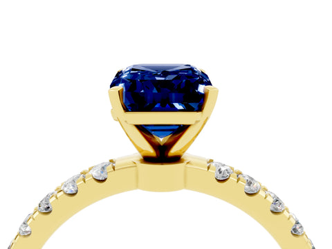 Yellow gold Emerald Cut Blue Sapphire Solitaire Ring with Pavé Accents and Four-Prong Setting_4