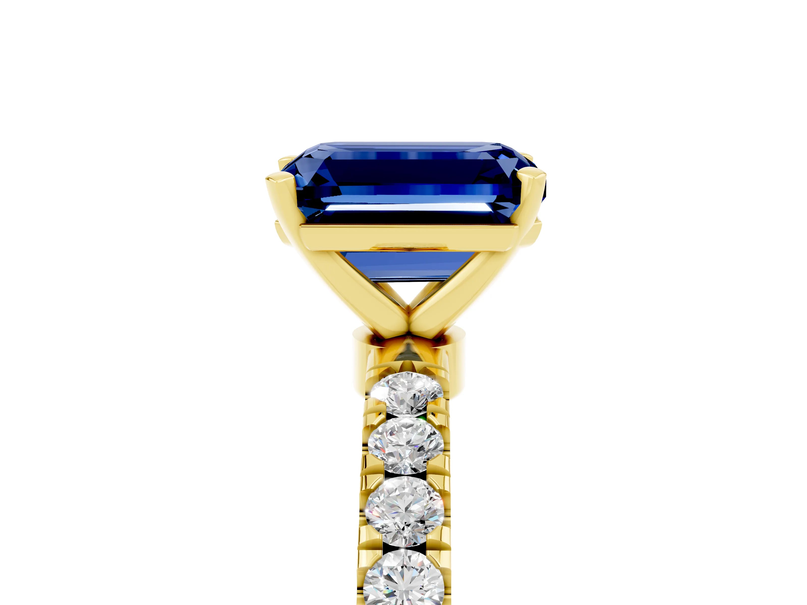 Yellow gold Emerald Cut Blue Sapphire Solitaire Ring with Pavé Accents and Four-Prong Setting_5