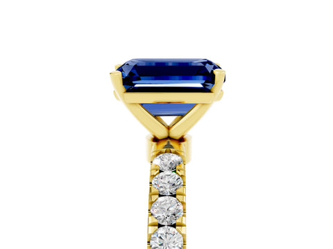 Yellow gold Emerald Cut Blue Sapphire Solitaire Ring with Pavé Accents and Four-Prong Setting_5