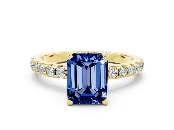 Yellow gold Emerald Cut Blue Sapphire Solitaire Ring with Round  Pavé Band and Four-Prong Setting