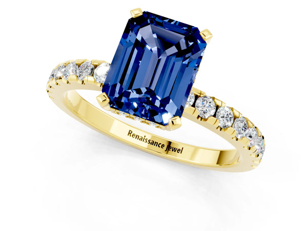 Yellow gold Emerald Cut Blue Sapphire Solitaire Ring with Round  Pavé Band and Four-Prong Setting