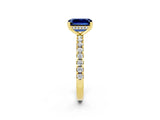 Yellow gold Emerald Cut Blue Sapphire Solitaire Ring with Pavé Band and Four-Prong Setting_26