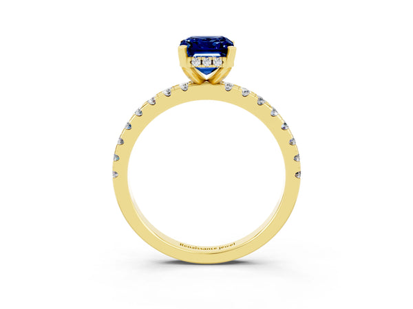 Yellow gold Emerald Cut Blue Sapphire Solitaire Ring with Round  Pavé Band and Four-Prong Setting