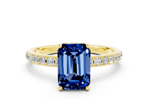Yellow gold Emerald Cut Blue Sapphire Solitaire Ring with Pavé Band and Hidden Halo_12