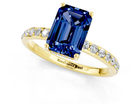 Yellow gold Emerald Cut Blue Sapphire Solitaire Ring with Pavé Band and Hidden Halo_13