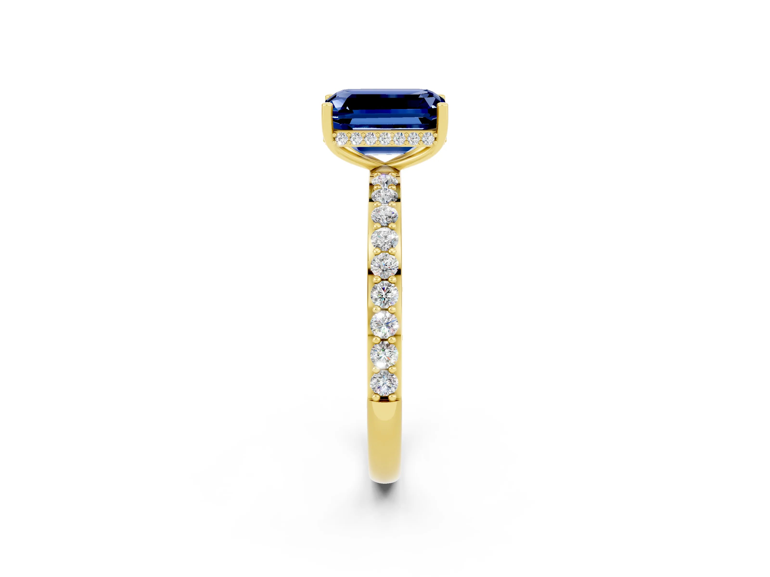 Yellow gold Emerald Cut Blue Sapphire Solitaire Ring with Pavé Band and Hidden Halo_14