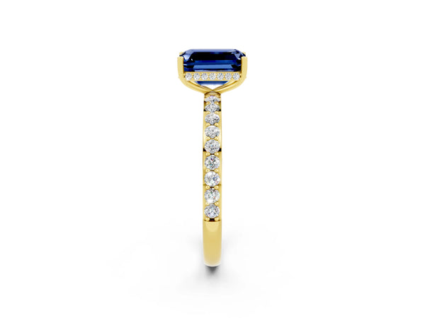 Yellow gold Emerald Cut Blue Sapphire Solitaire Ring with Pavé Band and Hidden Halo