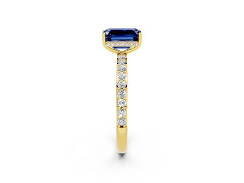 Yellow gold Emerald Cut Blue Sapphire Solitaire Ring with Pavé Band and Hidden Halo_14