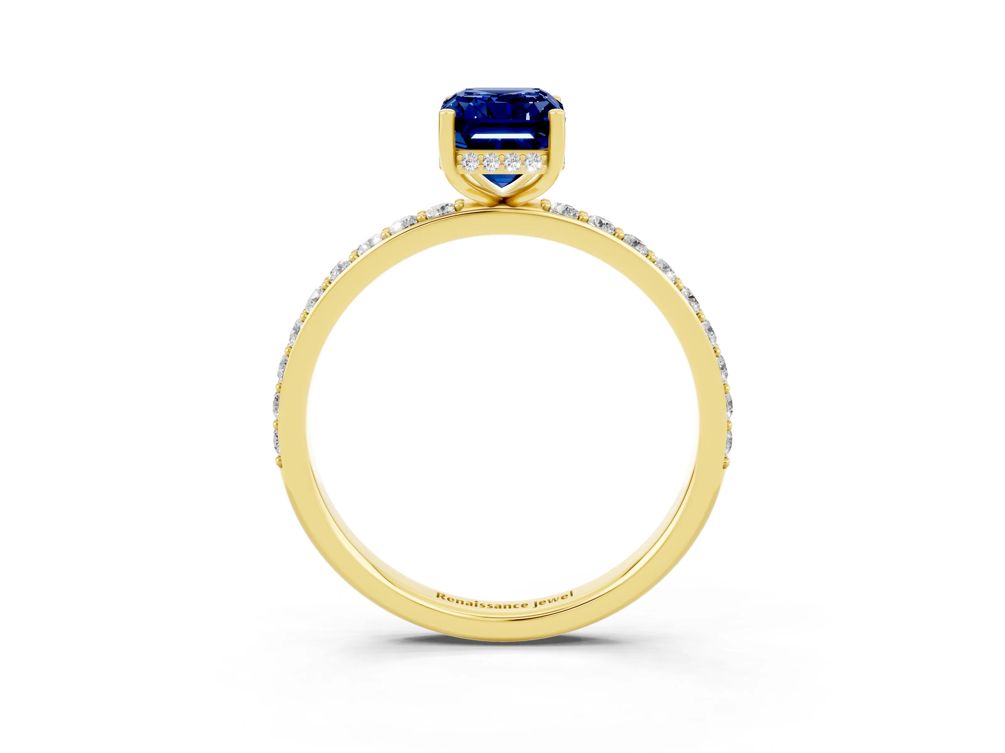 Yellow gold Emerald Cut Blue Sapphire Solitaire Ring with Pavé Band and Hidden Halo_15