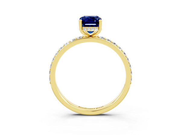 Yellow gold Emerald Cut Blue Sapphire Solitaire Ring with Pavé Band and Hidden Halo