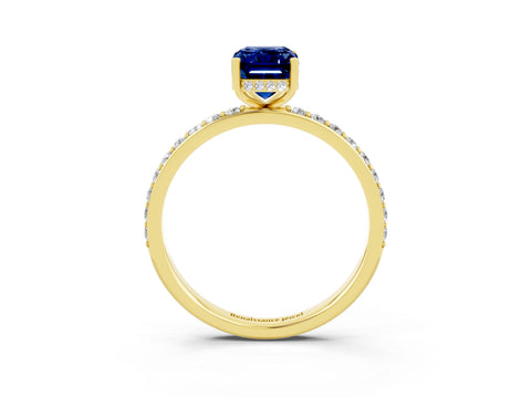 Yellow gold Emerald Cut Blue Sapphire Solitaire Ring with Pavé Band and Hidden Halo_15