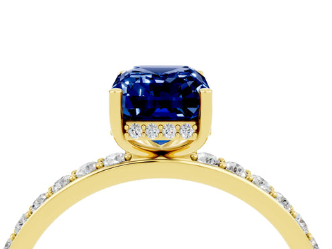 Yellow gold Emerald Cut Blue Sapphire Solitaire Ring with Pavé Band and Hidden Halo_16