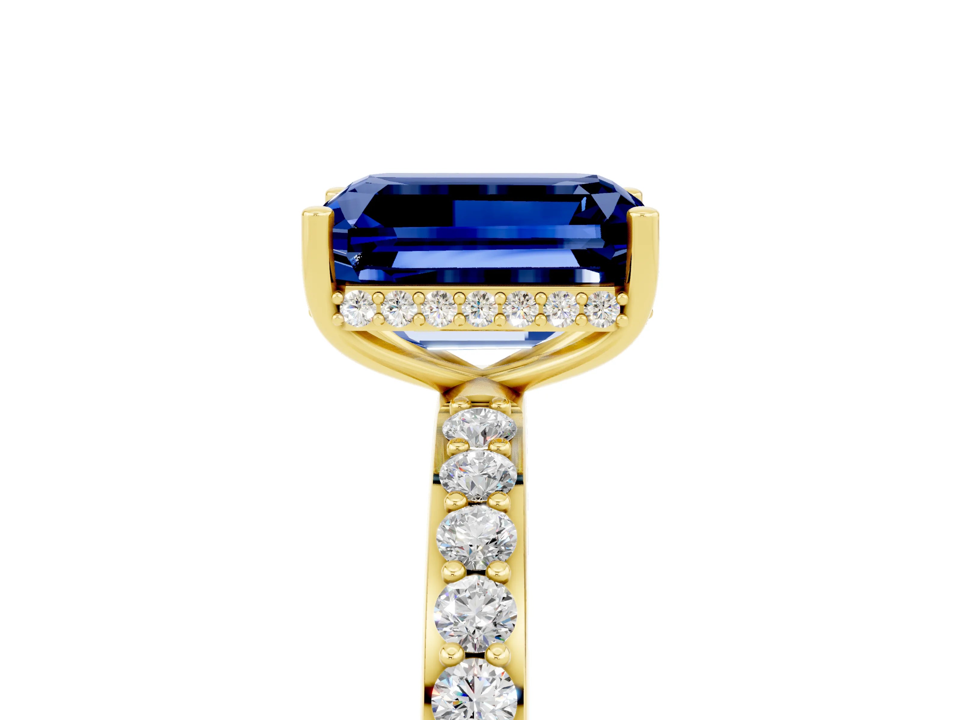 Yellow gold Emerald Cut Blue Sapphire Solitaire Ring with Pavé Band and Hidden Halo_17