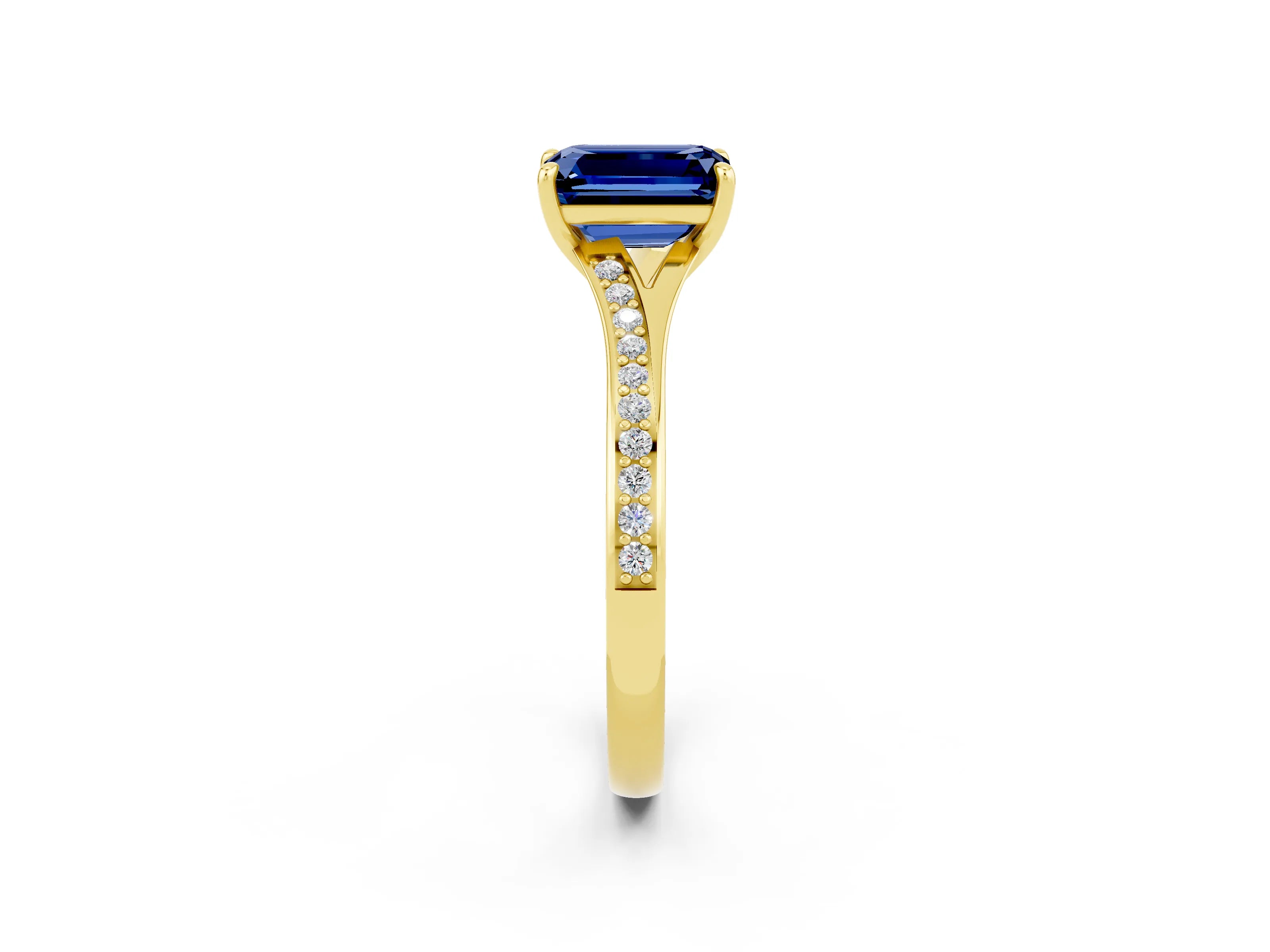 Yellow gold Emerald Cut Blue Sapphire Solitaire Ring with Pavé Band and Prong Setting_2