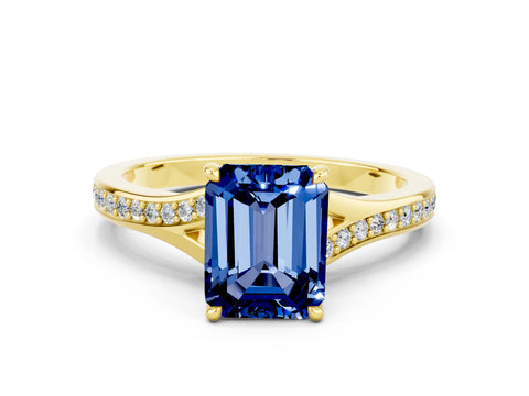Yellow gold Emerald Cut Blue Sapphire Solitaire Ring with Pavé Band and Prong Setting_24