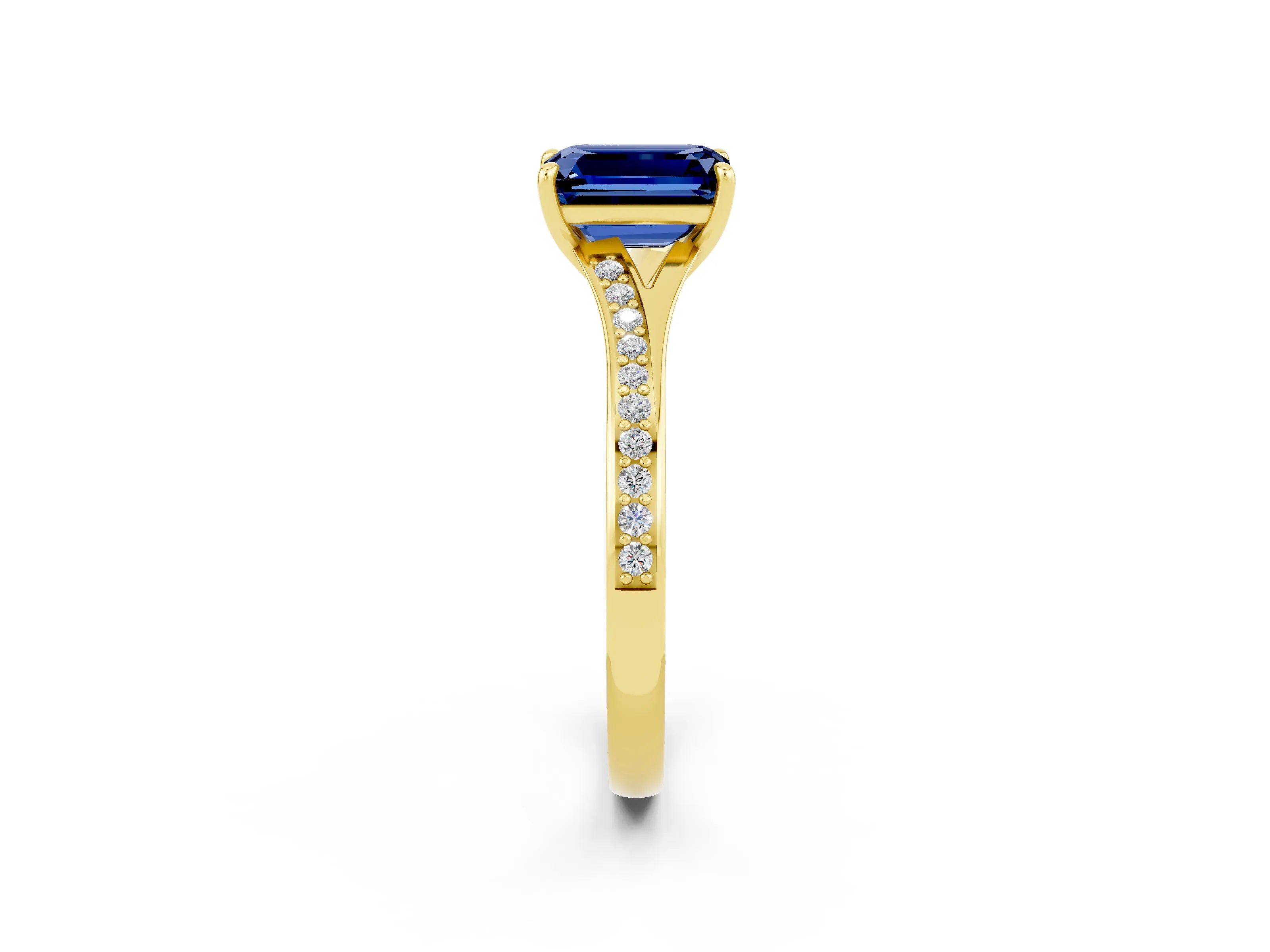Yellow gold Emerald Cut Blue Sapphire Solitaire Ring with Pavé Band and Prong Setting_26