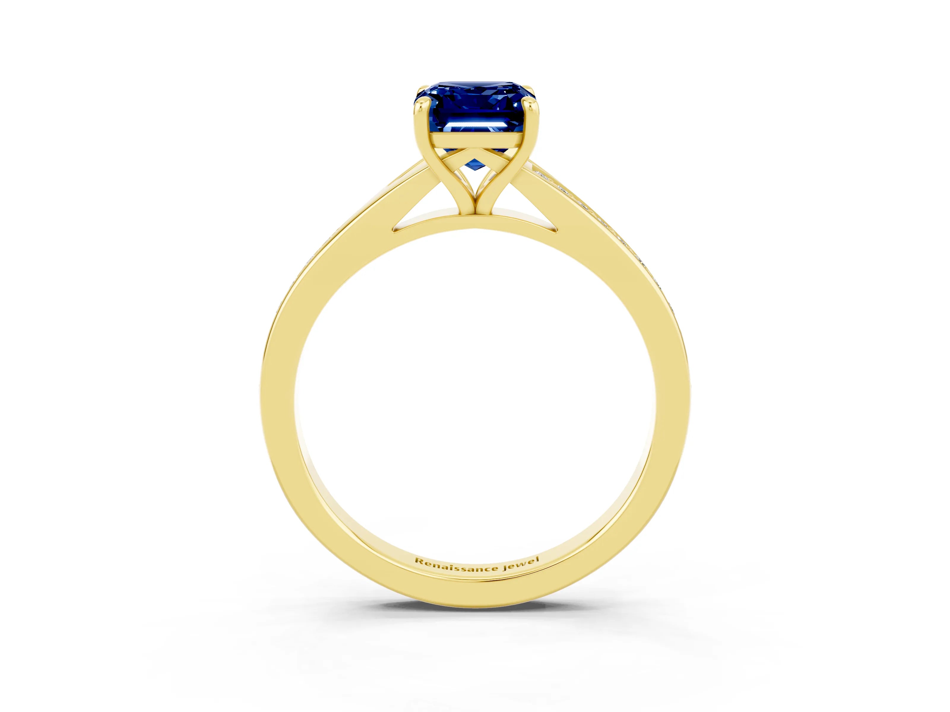 Yellow gold Emerald Cut Blue Sapphire Solitaire Ring with Pavé Band and Prong Setting_27