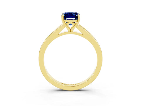 Yellow gold Emerald Cut Blue Sapphire Solitaire Ring with Pavé Band and Prong Setting_27
